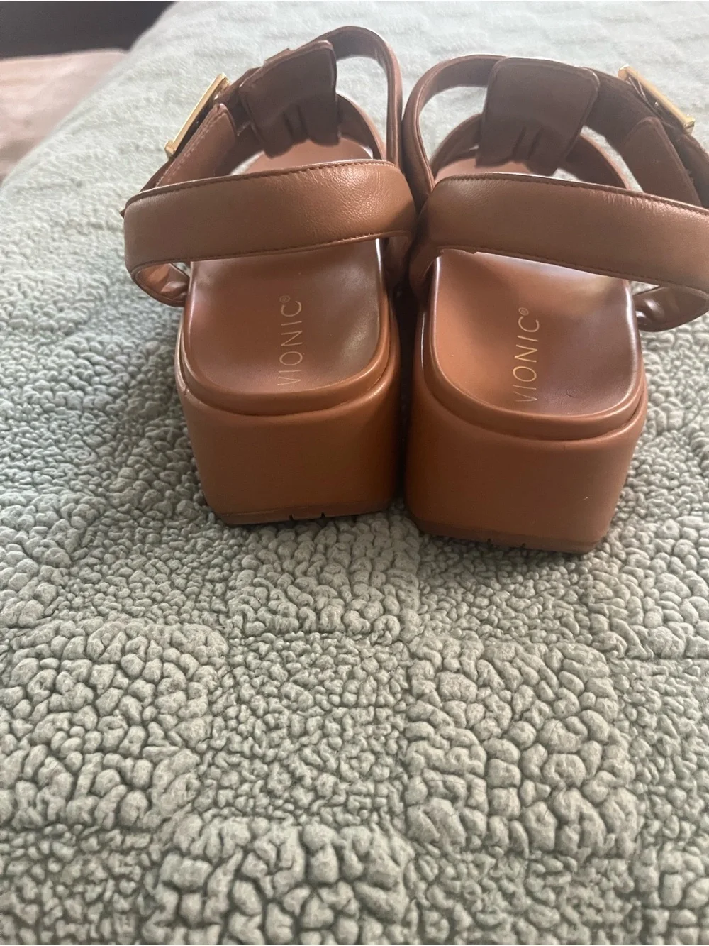 Vionic Brown Platform Sandals with Gold Buckle